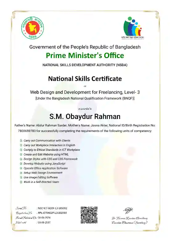 National Skills Certificate - Web Design and Development for Freelancing, Level-3